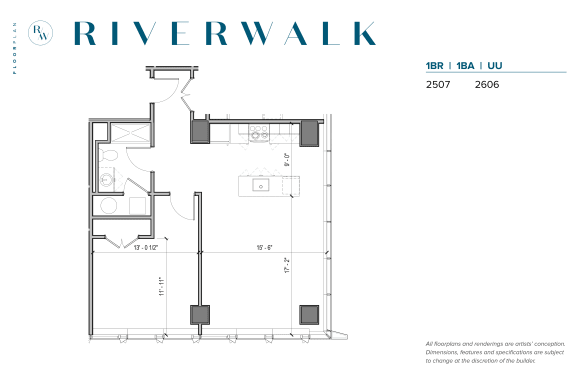 Floor Plan  Riverwalk one bed, one bath floorplan Unit UU