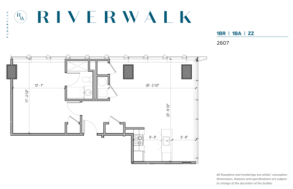 Floor Plan  Riverwalk 1 bed, 1 bath floorplan unit ZZ