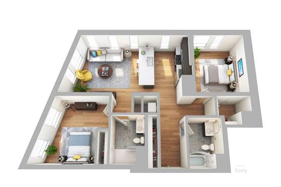 A floor plan of a house with a living room, kitchen, dining room, and bedrooms.