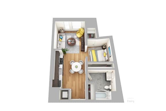 A floor plan of a spacious studio apartment with a kitchen, living room, and bathroom.