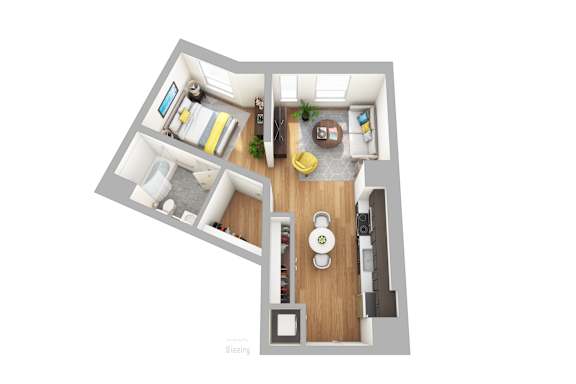 A floor plan of a spacious studio apartment with separated sleeping area