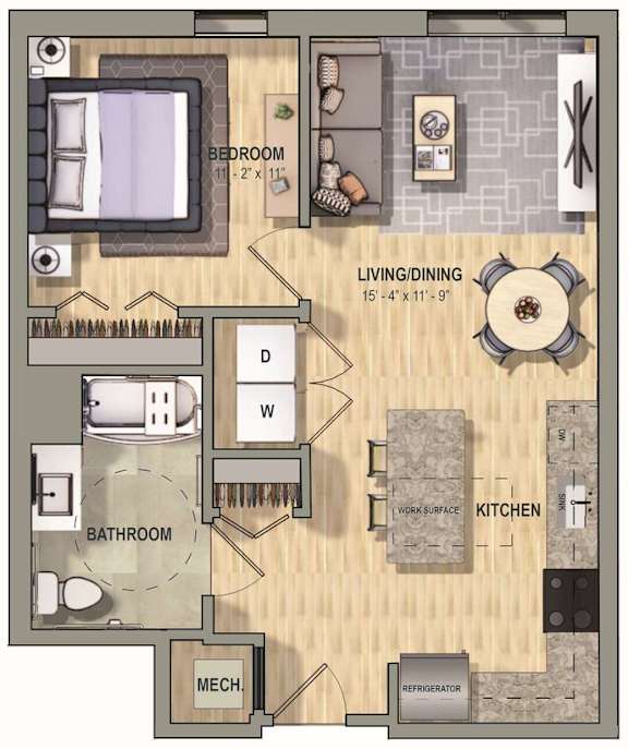 A floor plan of a small apartment with a bedroom, living room, kitchen, and bathroom.
