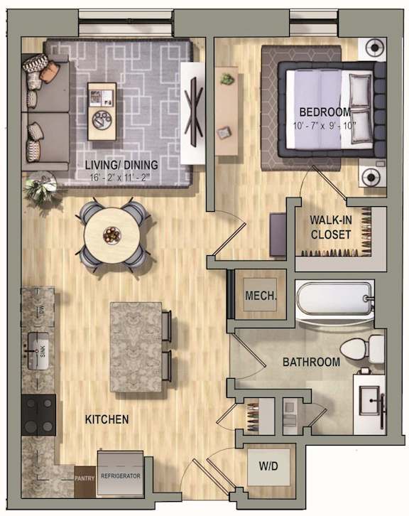 A floor plan of a small apartment with a living room, kitchen, bathroom, and bedroom.