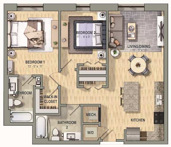 A floor plan of a house with two bedrooms, two bathrooms, a kitchen, a living/dining area, a mech, and a wardrobe.
