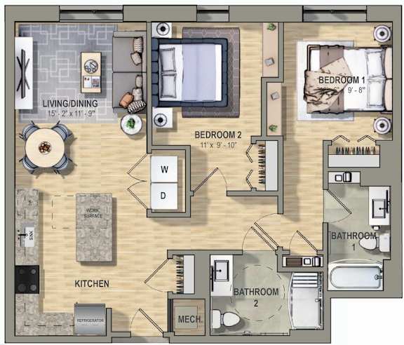 A floor plan of a two bedroom apartment with a living room, kitchen, and two bathrooms.