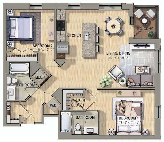 A floor plan of an apartment with two bedrooms, a living area, a kitchen, a bathroom, and a balcony.