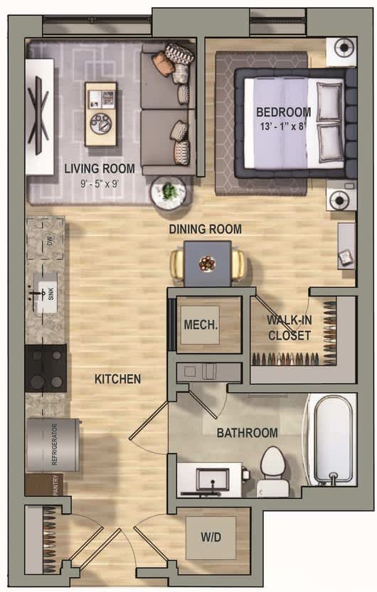 A floor plan of a small apartment with a living room, dining room, kitchen, bathroom, and bedroom.