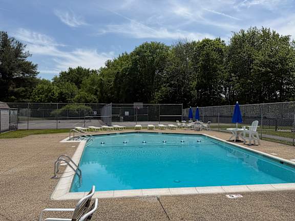 A large outdoor swimming pool surrounded by a fence and trees.