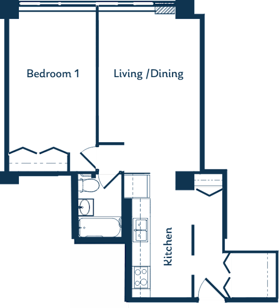 A floor plan of a house with a kitchen, living/dining area, and two bedrooms.