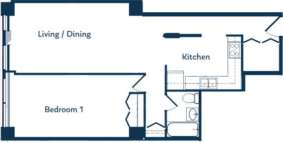 A floor plan of a small apartment with a living/dining area, kitchen, and one bedroom.