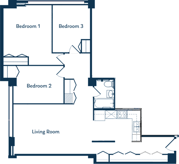 A floor plan of a house with three bedrooms and a living room.