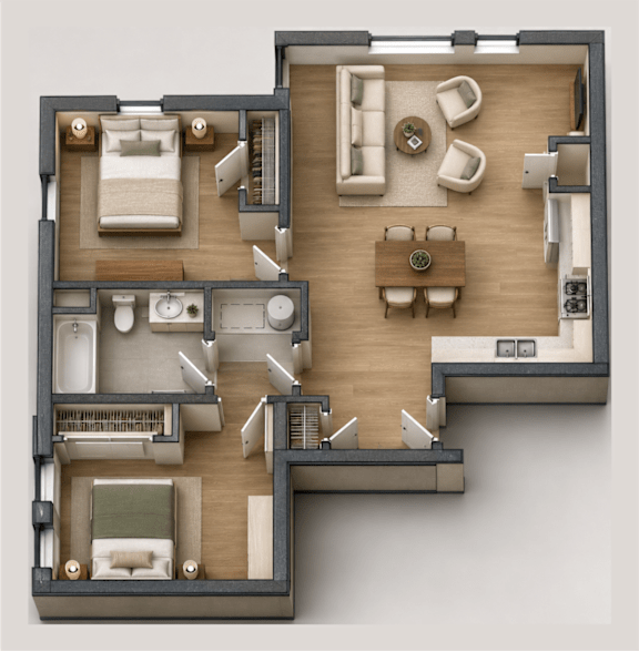 A 3D layout of a house with various rooms and furniture.