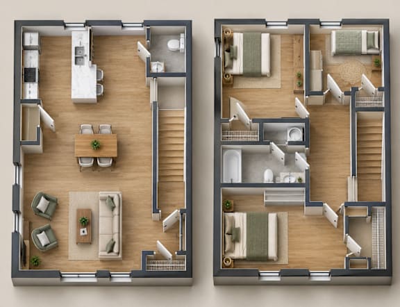 Two floor plans of a house with a living room, kitchen, and bathroom.