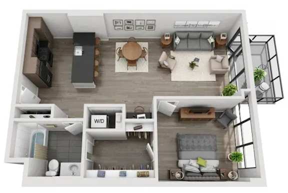 A top-down view of a modern apartment with a kitchen, living room, and bedroom.