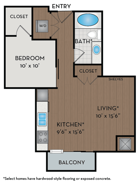 A floor plan of a home with a bedroom, bathroom, living room, kitchen, and balcony.