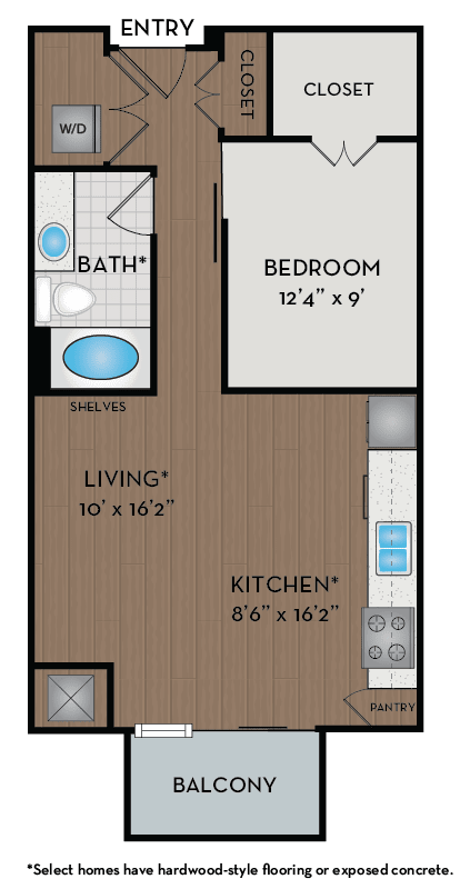 A drawing of a floor plan for a home with a living room, kitchen, bedroom, and bathroom.
