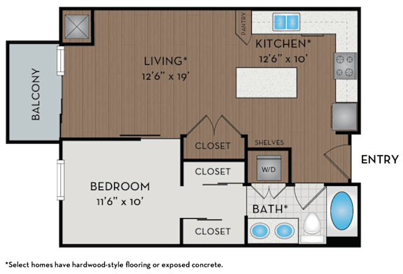 A floor plan of a small apartment with a living room, kitchen, bedroom, and bathroom.