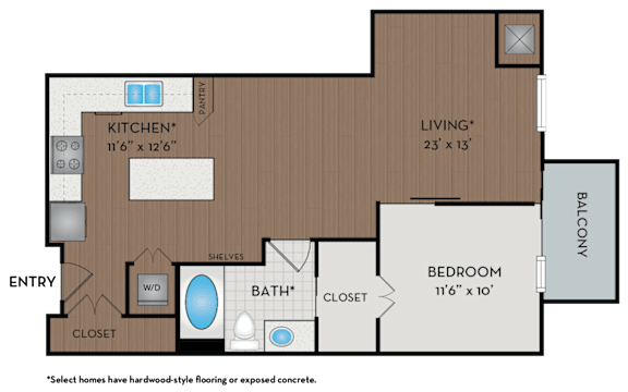 A floor plan of a small apartment with a kitchen, bathroom, and bedroom.