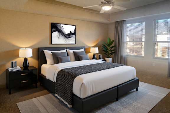 Luxury apartments with master bedroom to fit a king size bed, attached master bathroom and walk-in closet at Villa Piana Apartments in Dallas