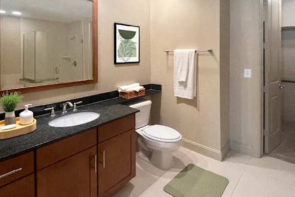 Luxury bathroom with granite countertops, glass shower and separate soaking tub at Villa Piana Apartments in Dallas
