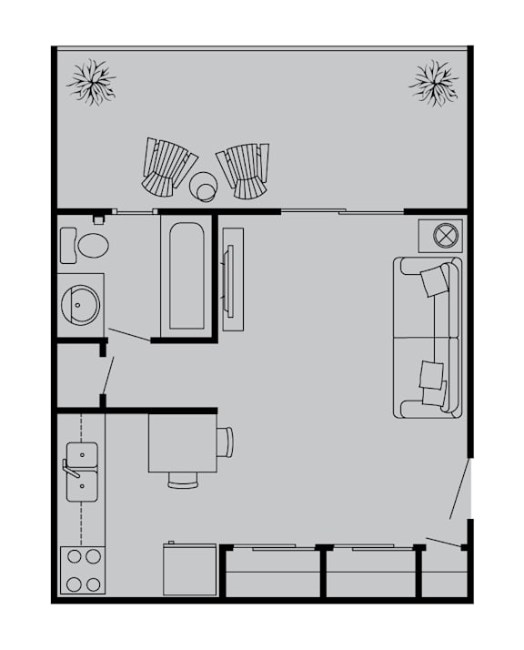 A floor plan of a small apartment with a kitchen, living room, and bathroom.