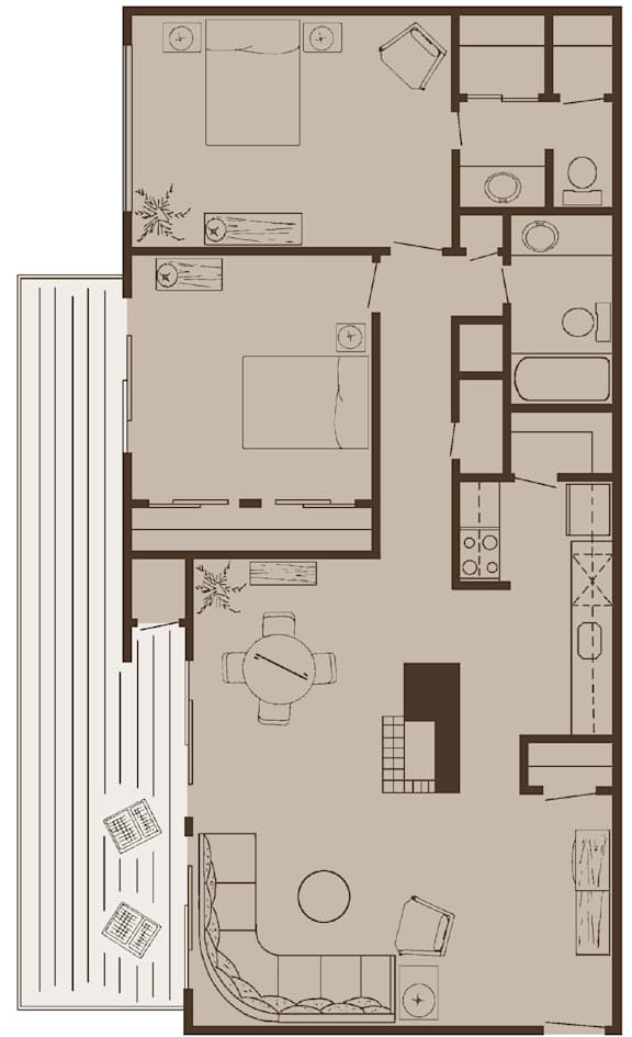 A floor plan of a house with a kitchen, living room, and two bedrooms.