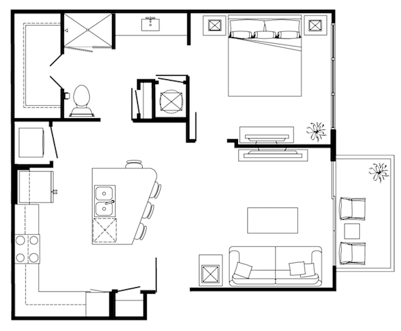A floor plan of a house with a kitchen, living room, and bathroom.