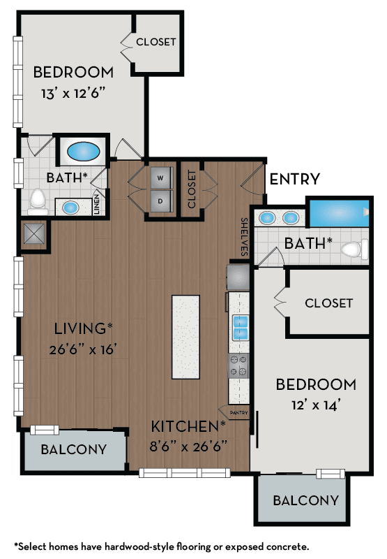 A floor plan of a home with two bedrooms, a living room, a kitchen, a balcony, and two bathrooms.
