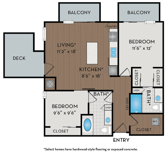 A floor plan of a home with a living room, kitchen, two bedrooms and two bathrooms.