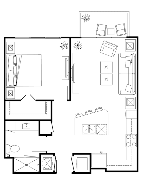 A floor plan of a house with a kitchen, living room, and bathroom.