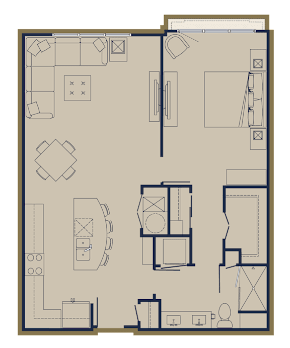 A floor plan of a house with a kitchen, living room, and two bedrooms.