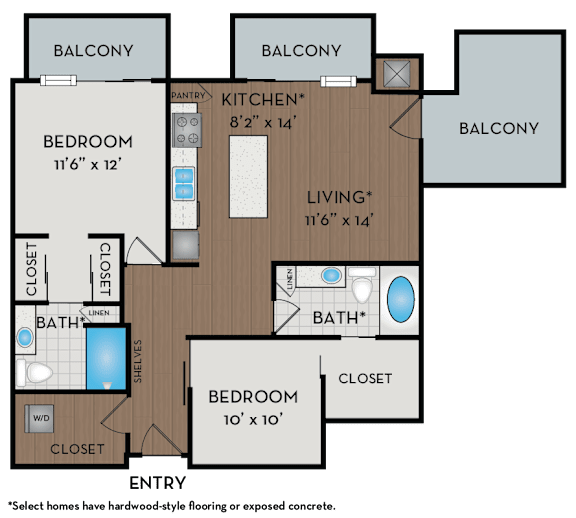 A floor plan of a home with two bedrooms, a living room, a kitchen, two bathrooms, and two closets.