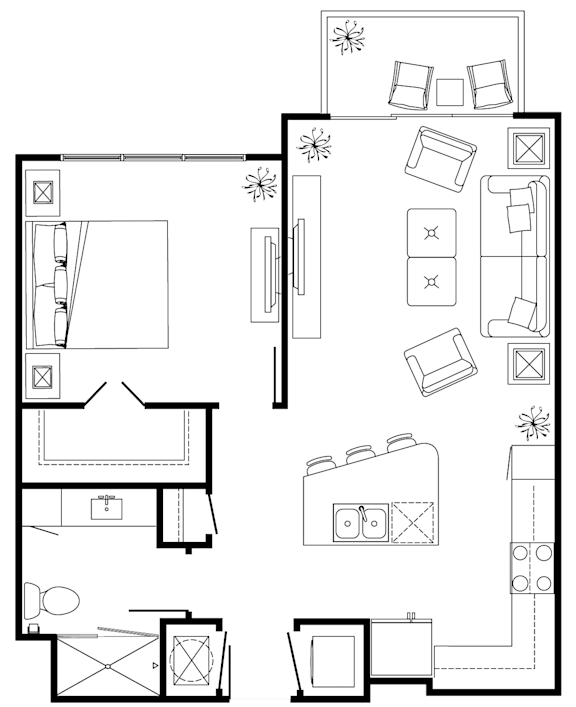A floor plan of a house with a kitchen, living room, and bathroom.