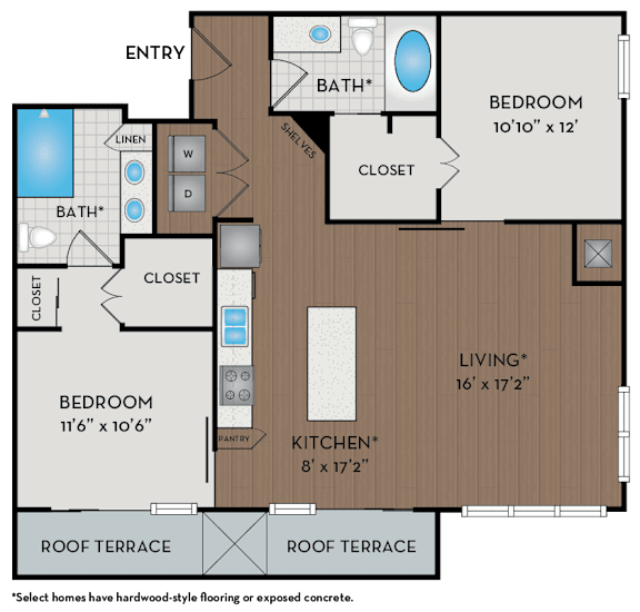 A floor plan of a home with a living room, kitchen, two bedrooms and two bathrooms.