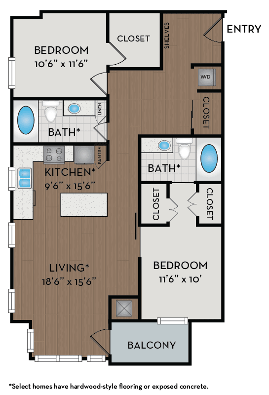 A floor plan of a home with a living room, kitchen, two bedrooms and two bathrooms.