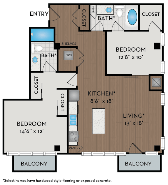 A floor plan of a home with two bedrooms, a living room, a kitchen, a pantry, and two bathrooms.