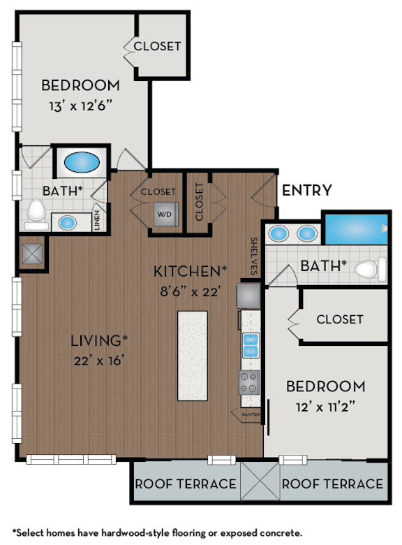 A floor plan of a house with a living room, kitchen, and two bedrooms.