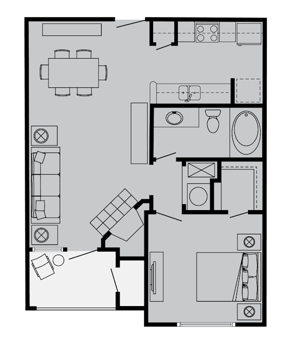 A floor plan of a house with a kitchen, living room, and bathroom.
