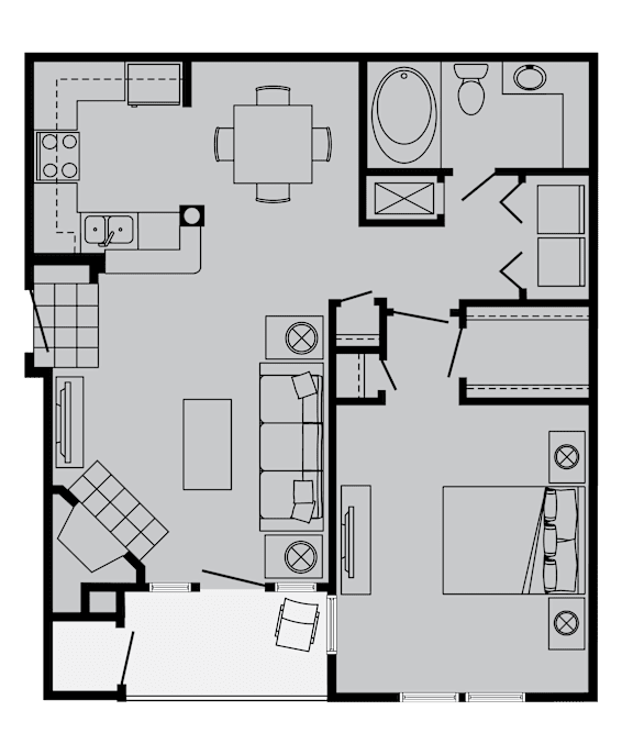 A floor plan of a house with a kitchen, living room, and bathroom.