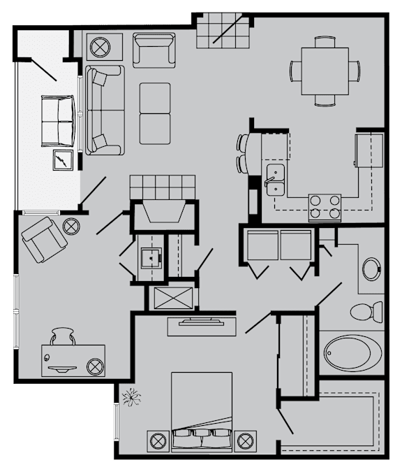 A floor plan of a house with a kitchen, living room, and bathroom.