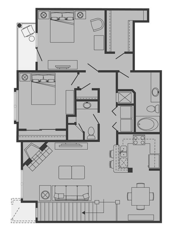 A floor plan of a house with a kitchen, living room, and two bedrooms.
