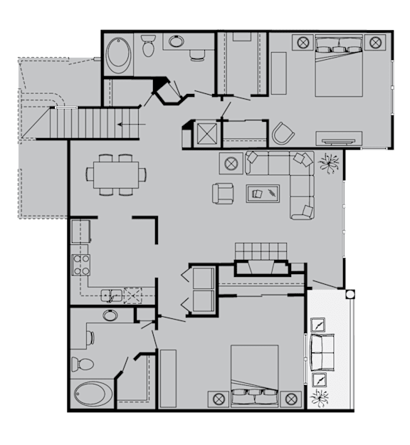 A floor plan of a house with a kitchen, living room, and two bedrooms.