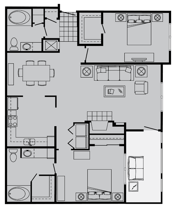 A floor plan of a house with a kitchen, living room, and bathrooms.