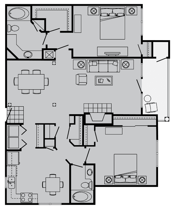 A floor plan of a house with a kitchen, living room, and two bedrooms.