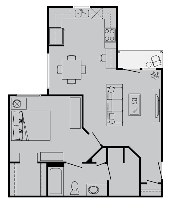 A floor plan of a house with a kitchen, living room, and bathroom.
