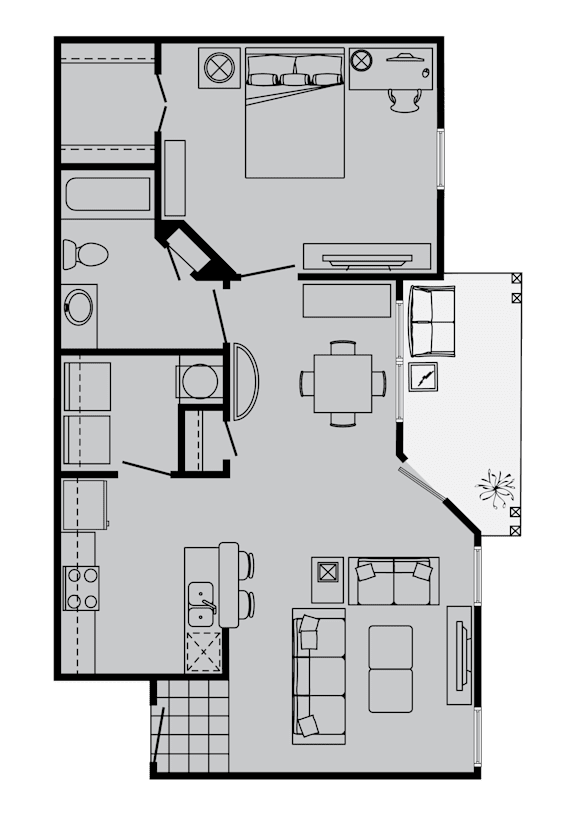 A floor plan of a house with a kitchen, living room, and two bedrooms.
