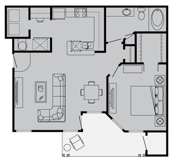 A black and white floor plan of a house with various rooms and furniture.