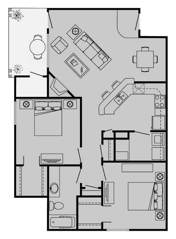 A black and white floor plan of a house with various rooms and furniture.
