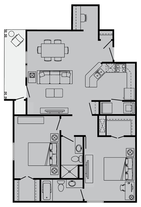 A floor plan of a house with a kitchen, living room, dining room, and bathrooms.