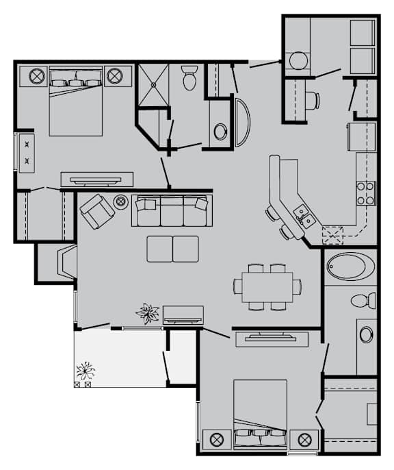 A floor plan of a house with a kitchen, living room, dining room, and bedrooms.